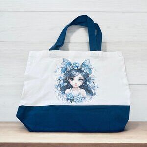 Large  Blue & White Butterfly Girl Canvas Tote  - New